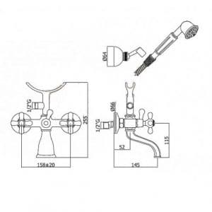 Vanová baterie ze zdi se sprchovým kompletem, měď
