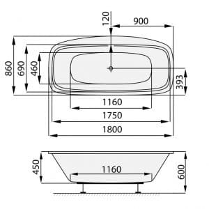 Bevel - Obdélníková vana zaoblená s ostrůvkem 1800x860mm